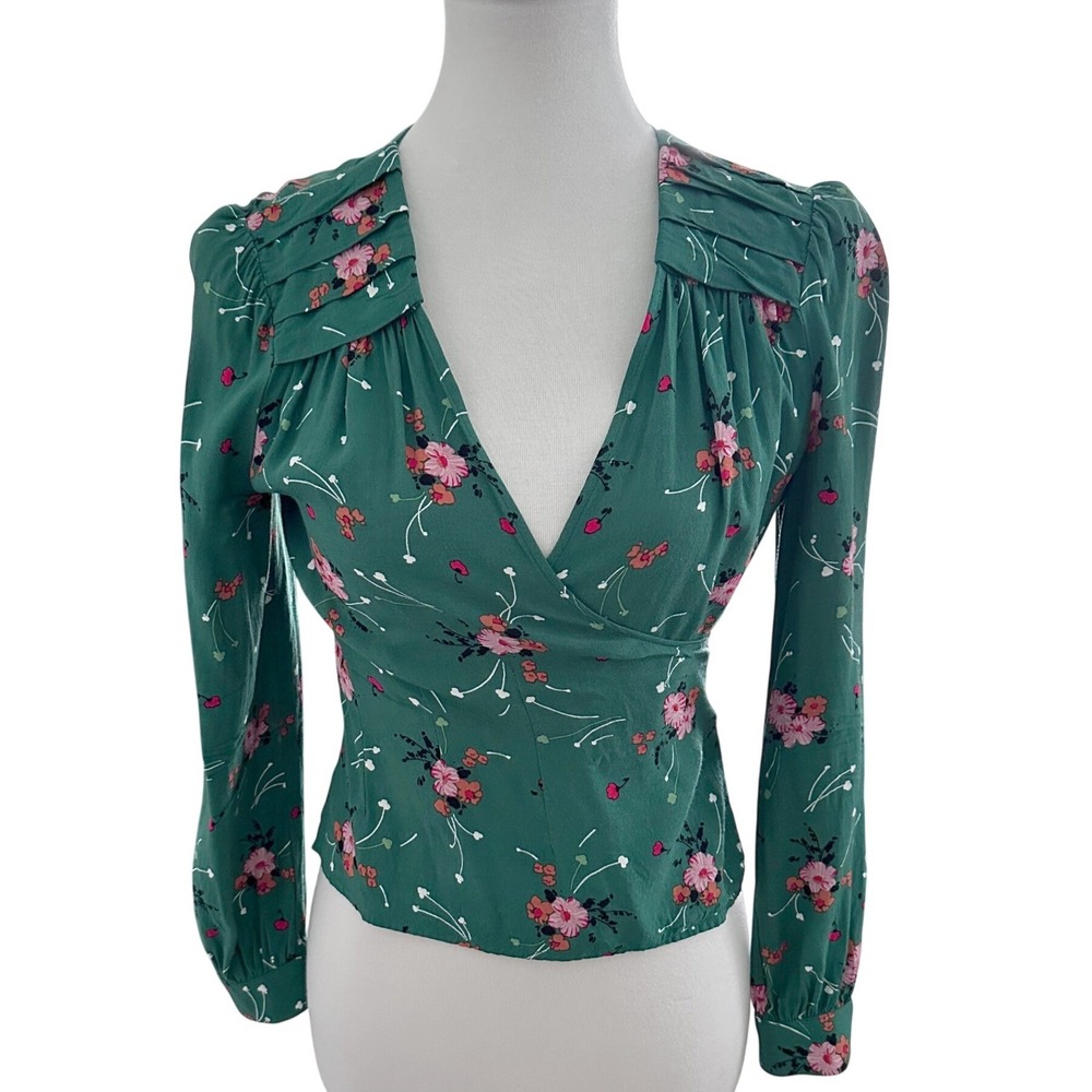 & Other Stories Wrap Top Womens 4 Floral Tie Back 0621762 Green Blouse cottage